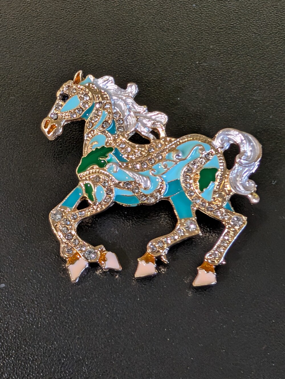 Silver and Turquoise Horse Brooch with Crystal Accents